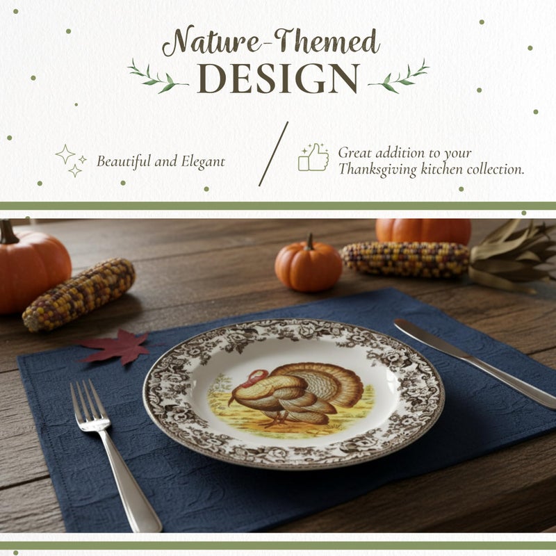 Spode Woodland Turkey Set of 4 Dinner Plates, 10.5" - Thanksgiving Tableware, Collectible Holiday Dish with British Flowers Border, Fine Earthenware - Dishwasher, Microwave, Oven Safe - Image 3